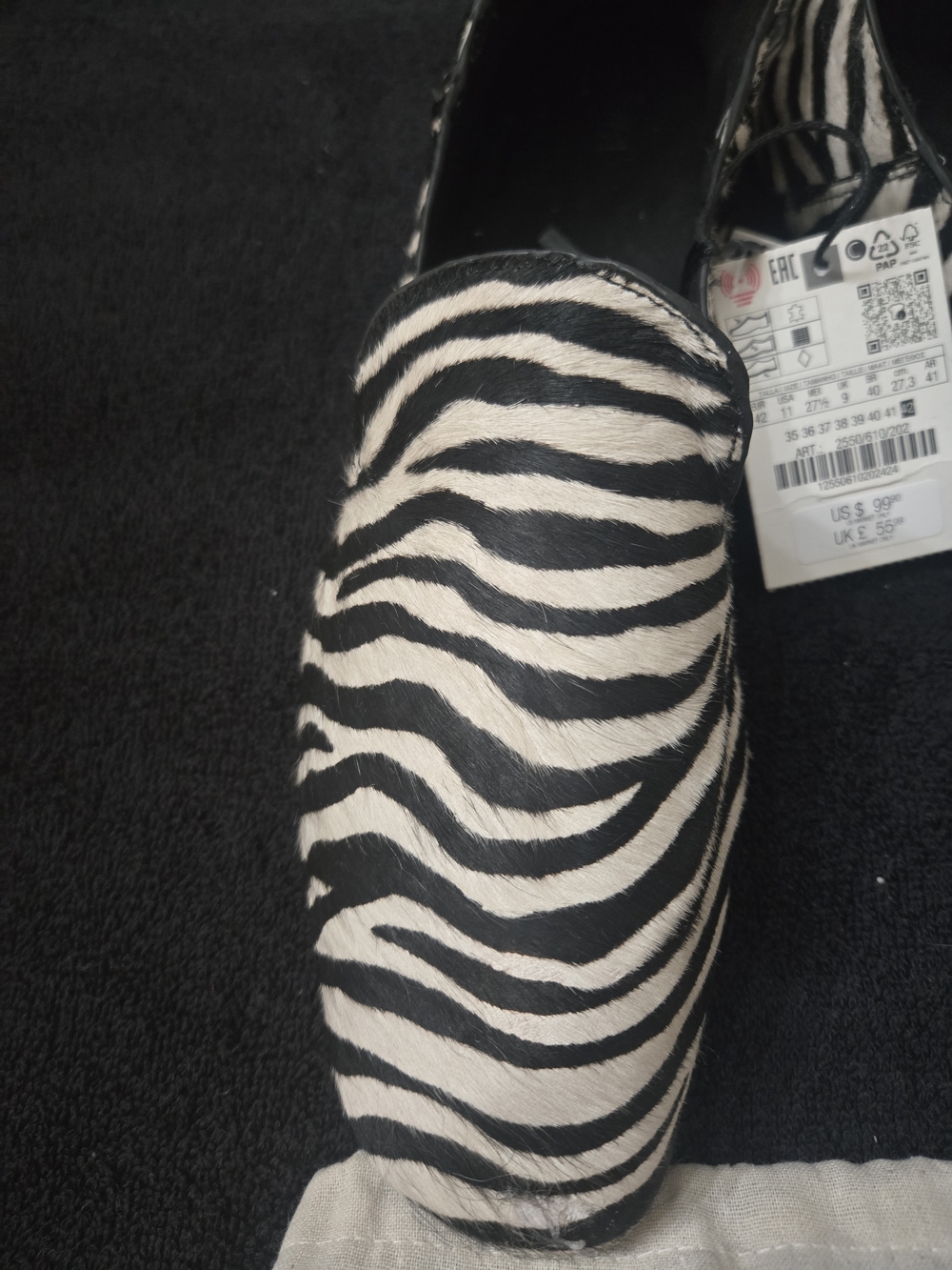 ZARA Zebra Print Loafers - Black & White Size 42/11 Dustbag Incl. NWT - Picture 5 of 12